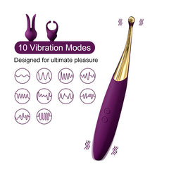 10 leistungsstarke Vibrationsmodi. Geräuscharmer Vibrator mit austauschbaren Köpfen.
